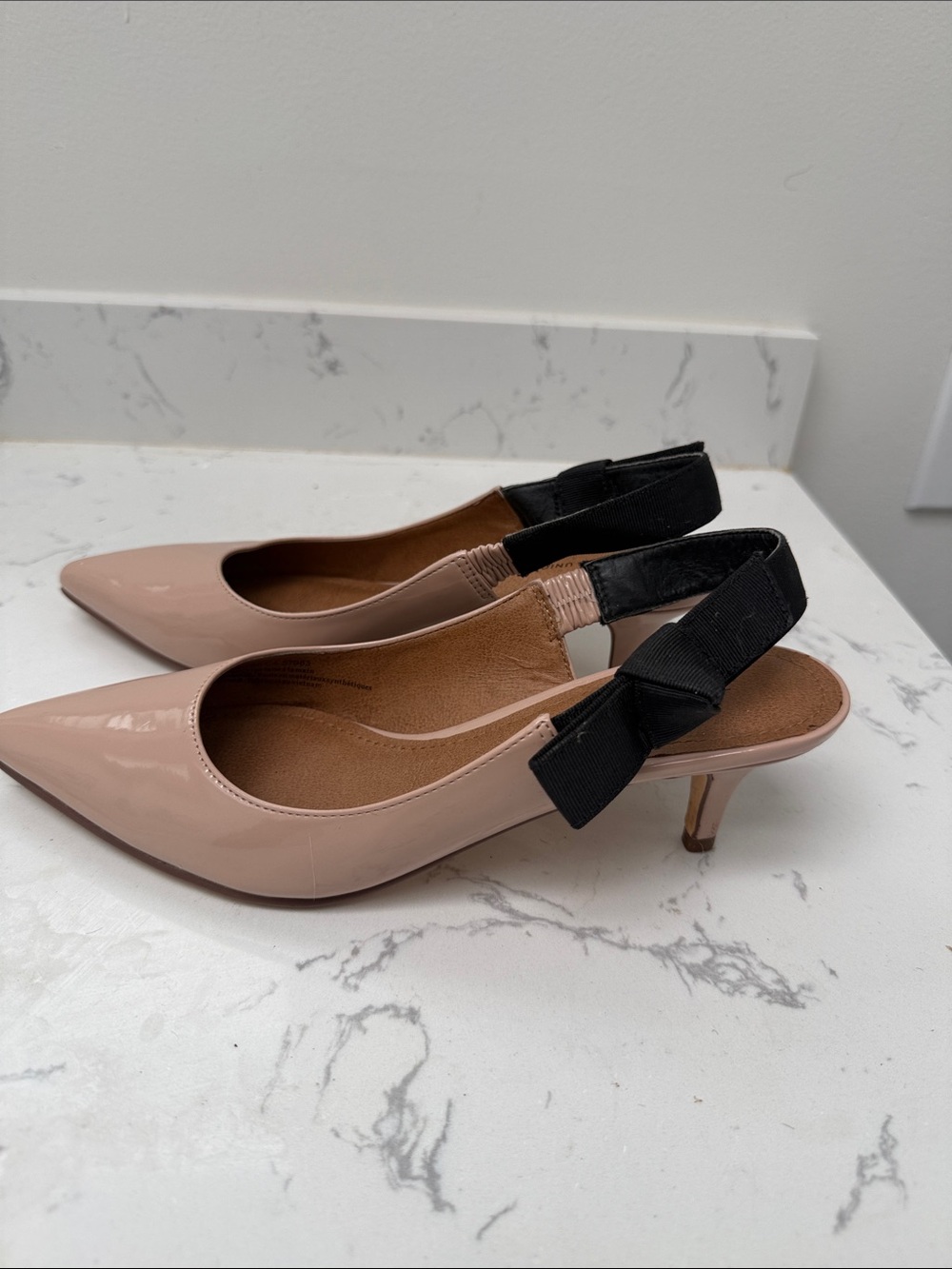14th & Union Blush Patent Slingback Kitten Heels with Black Bow